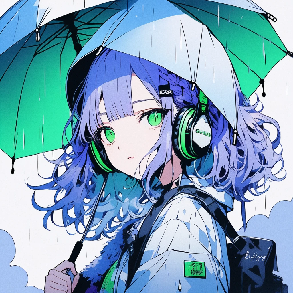 ilustrador, Japanese cartoons , Practical ,sketch , 1 girl, ,Lips, summer,Short sleeve,Order, Blue gradient background, Neon hair,Texture decoration, Canada, (masterpiece,best quality) glycerin,she is wearing black, square-shaped headphones around his neck, with the Marshall logo on them.masterpiece, ultra detailed, 8K, solid blue Skyscrapers background, full body shot, Angle looking up from below.happy, a girl, kawaii, light atmosphere, mysterious atmosphere, (Cute a mesugaki girl:1.5), (a girl with closs hair pin,pale purple hair,wavy two braids,bluntbangs hair,green and black eyes,
Loose and fluffy fashion,,fullbody shot :1.4),A mischievous smile, fangs, licking lips,
(masterpiece:1.3), anime visual, (Lovey-dovey:1.5), (tilt head:1.3), extremely delicate face, soft clean focus, realistic lighting and shading, (an extremely delicate and beautiful art:1.3), elegant, (muted colors:1.1), small breast,slim,(On a rainy day, walking through Shibuya with a black lace umbrella:1.5), expressionless,