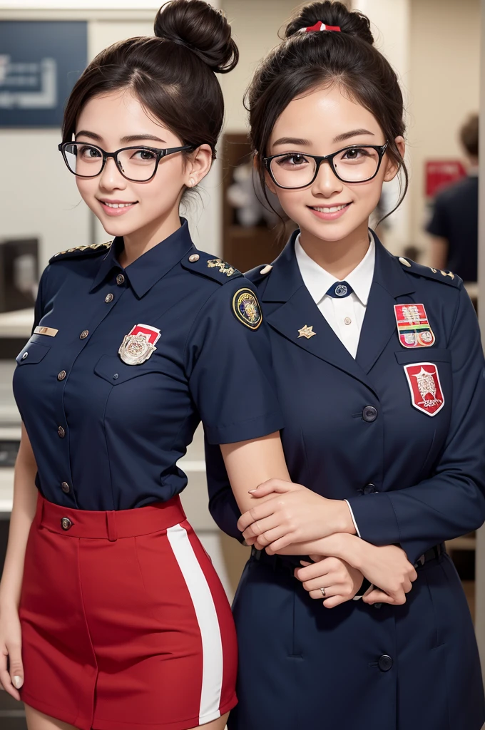 A cashier is wearing a red uniform and a Royal Stock logo with the flag of Japan on her uniform. , She wears glasses and has a navy blue bow in her hair, her hair is curly and her hair is in a bun with a little net on her badge that says Laura Paula and she is always smiling, the badge is to appear in the image too , the logo on the uniform is on the right chest. And the uniform is like a short dress shirt 