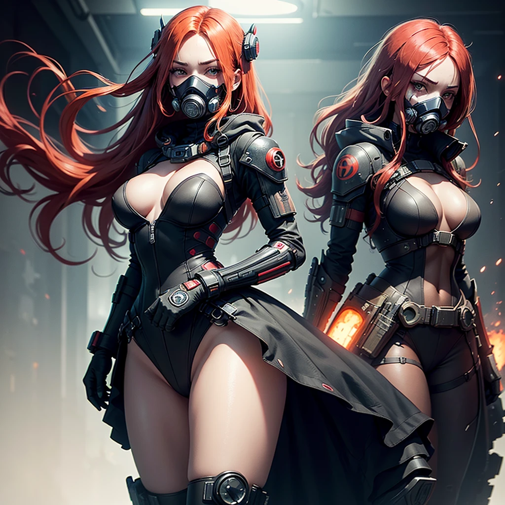 "Fantastic cyberpunk post-apocalyptic style. Beautiful cyborg girl with long red hair, v half-face respirator masks, high tech gas mask, dressed in a black android suit with a cleavage and small red details, stands vertically in front of the camera. The camera films her from below. She stands over the camera in a dominant pose face sitting domination. She looks into the lens with a playful, with a slightly flirtatious look and a slight smile. Her thighs are exposed. Dark background with red flashes and lights, creating an atmosphere of slight sadness. The image horizon is flat. Primary colors - black and red." sci fi