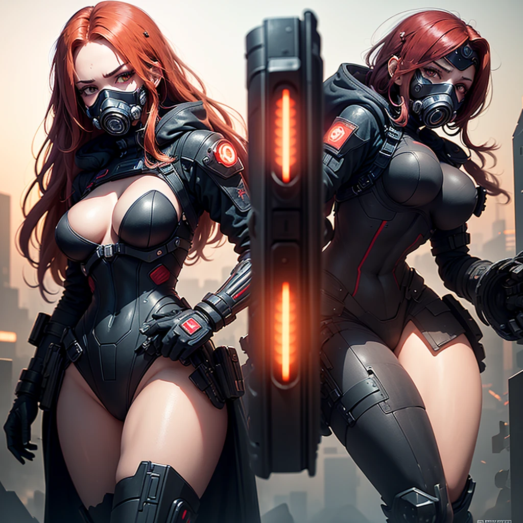 "Fantastic cyberpunk post-apocalyptic style. Beautiful cyborg girl with long red hair, v half-face respirator masks, high tech gas mask, dressed in a black android suit with a cleavage and small red details, stands vertically in front of the camera. The camera films her from below. She stands over the camera in a dominant pose face sitting domination. She looks into the lens with a playful, with a slightly flirtatious look and a slight smile. Her thighs are exposed. Dark background with red flashes and lights, creating an atmosphere of slight sadness. The image horizon is flat. Primary colors - black and red." sci fi