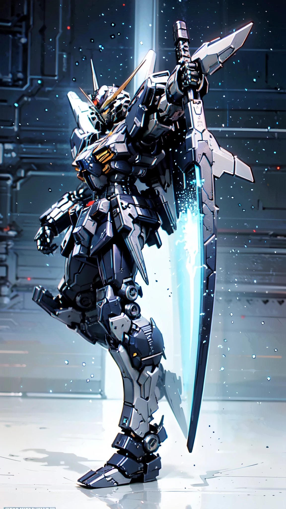 (masterpiece:1.5, best quality:1.5, extremely delicate:1.5, foreshortening:1.5, dynamic angle:1.5), humanoid Mecha, fully enclosed shoulder guards, matching arm and leg guards, full body, full armor, the design balances heavy with agility, (the color scheme is primarily white with red and blue accents, the concept Inspired by Super robot, organic biotech armor, standing, floating high above the futuristic sci-fi city), exquisite and mature art style, (aura effect, energy, glowing eyes, the armor glows), ((SRS)), metallic, dramatic, high definition, highres, ultra-detailed, ultra-fine painting, professional, perfect body proportions, anatomically correct, symmetrical face, extremely detailed eyes and face, high quality eyes, creativity, RAW photo, UHD, 32k, Natural light, cinematic lighting, masterpiece-anatomy-perfect