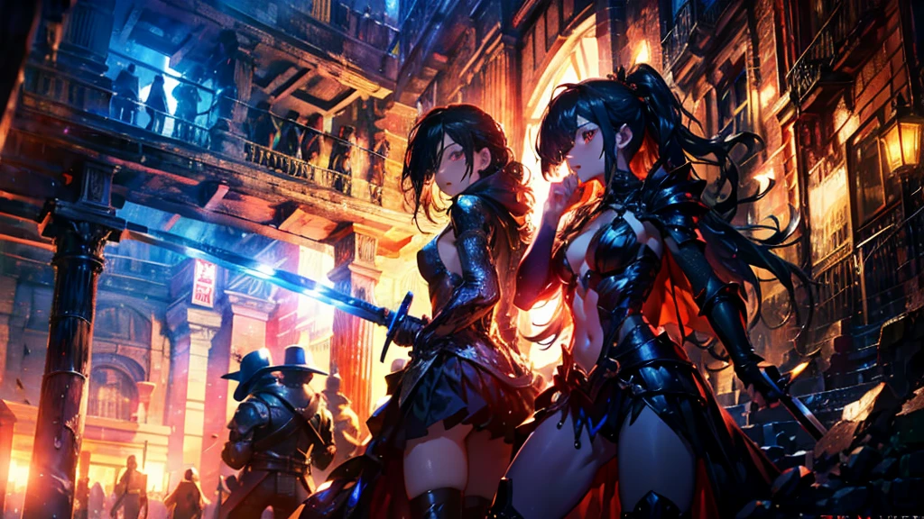 masterpiece, best quality, high quality, detailed, ultra detailed, hyper detailed, insanely detailed, exquisite, beautiful, FHD, Full-HD, 4K, 8K, 16K, highres, absurdres,Overall reddish black, ((One sexy lady)),mystic knight, serious look, sword fighting, covering one eye, black hair, red eyes, armor, long boots, with a sword, fantasy,hailoknight, holding sword, holding weapon,cowboy shot