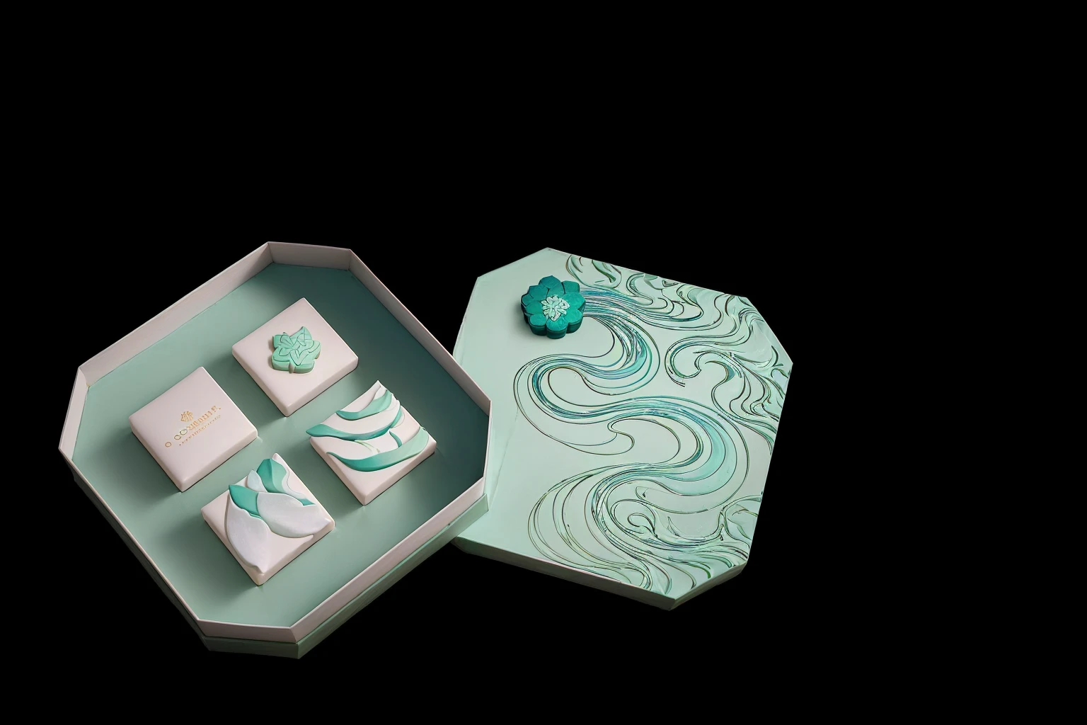 add to a background with content : A Mid-Autumn Mooncake Collection Inspired by Nha Trang's oceanic beauty.
The pastel green and blue hues evoke the soothing colours of the ocean at sunrise and sunset while featuring the beautiful elements of waves, tides, and moonlights that the mid-autumn has to offer.