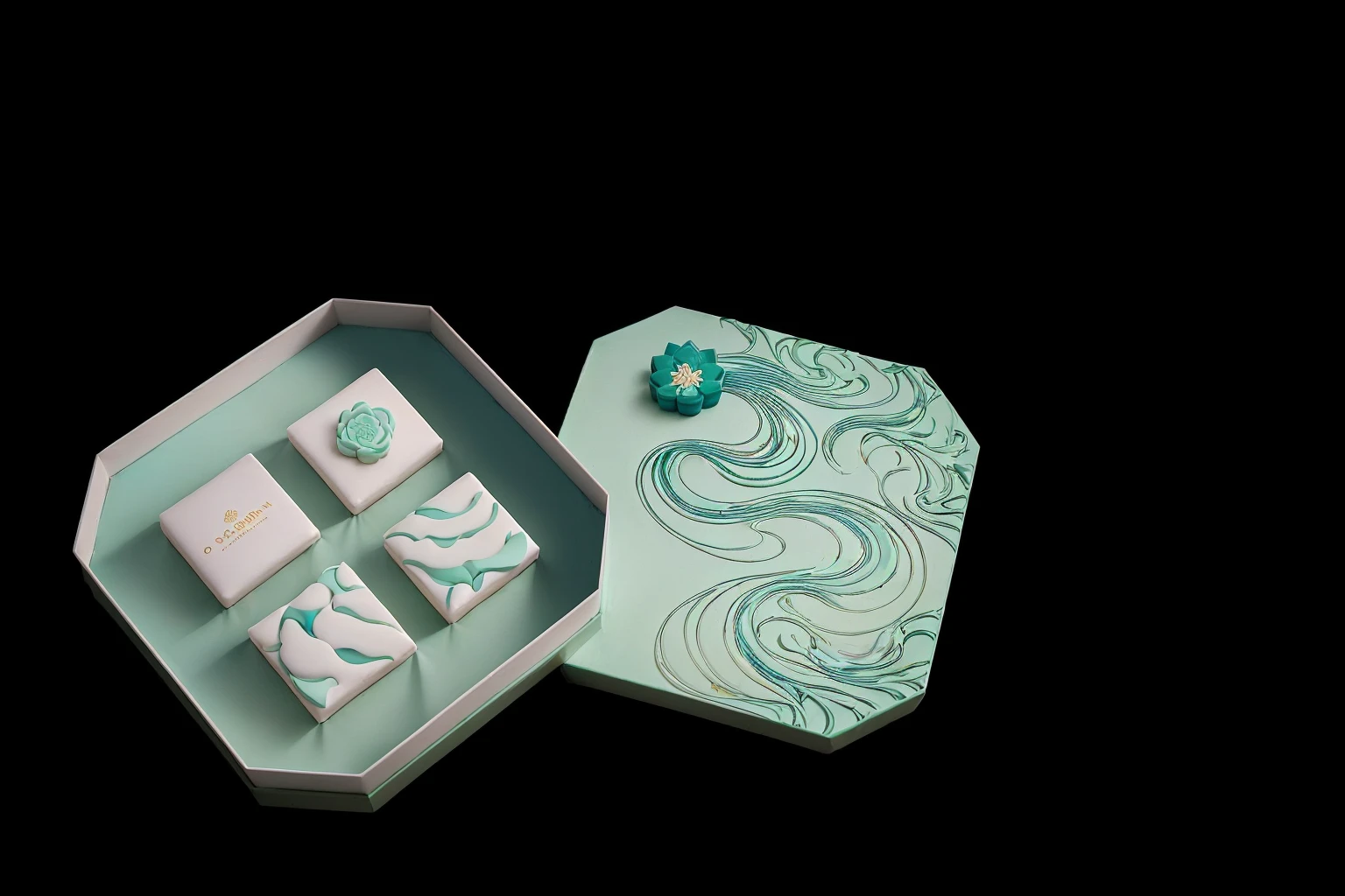 add to a background with content : A Mid-Autumn Mooncake Collection Inspired by Nha Trang's oceanic beauty.
The pastel green and blue hues evoke the soothing colours of the ocean at sunrise and sunset while featuring the beautiful elements of waves, tides, and moonlights that the mid-autumn has to offer.
