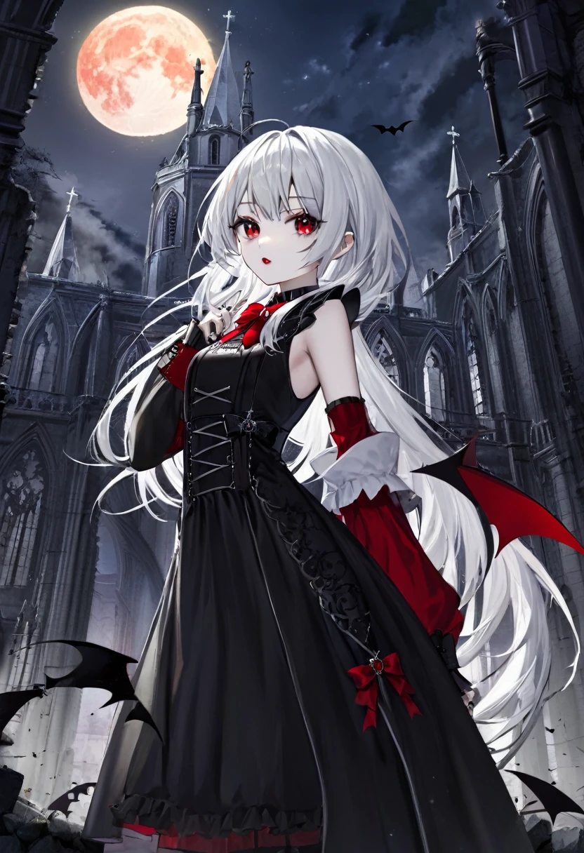 1 teenager girl, vampire, young, black gothic dress, red right stocking, black left stocking, red eyes, white hair with bow, scythe, against the backdrop of the red moon, abandoned gothic church, night, looking at viewer, majestic pose, 8k, masterpiece, high res, ultrasharp