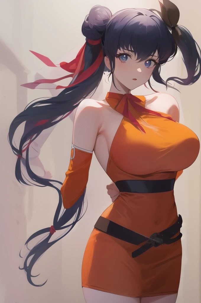 Highest quality, masterpiece,
LisaPacifist, Large Breasts, Are standing, alone,Lisa_orange_short_dress,  Put your arms behind your back, hair bun, hair_bow, Low twin tails,, masterpiece, Highest quality, Detailed face, Detailed eyes, High resolution,
 