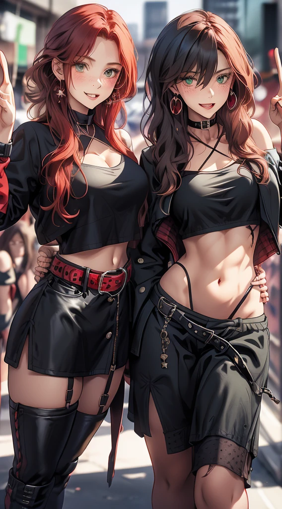 woman, curly red hair in pig tails, green eyes, wearing crop top black shirt, long black jacket, red plaid skirt, (black knee high boots), black fingerless gloves, exposed shoulders, large breasts, thick thighs, freckles, cleavage, abs, looking at viewer, masterpiece, best quality, in the city