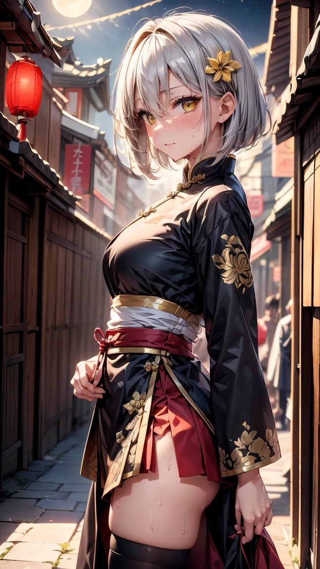 young girl ************, short silver bob hair, hair flower, sharp bangs between the eyes, yellow  eyes, eyes large, ((traditional chinese imperial clothes black with gold details,)) red skirt, black thigh high socks. slenderbody. view from side, side point of view, on the street of a Japanese city, at night, with full moon in the background, light reflecting on the sexy and sweaty body. (((sweat)))