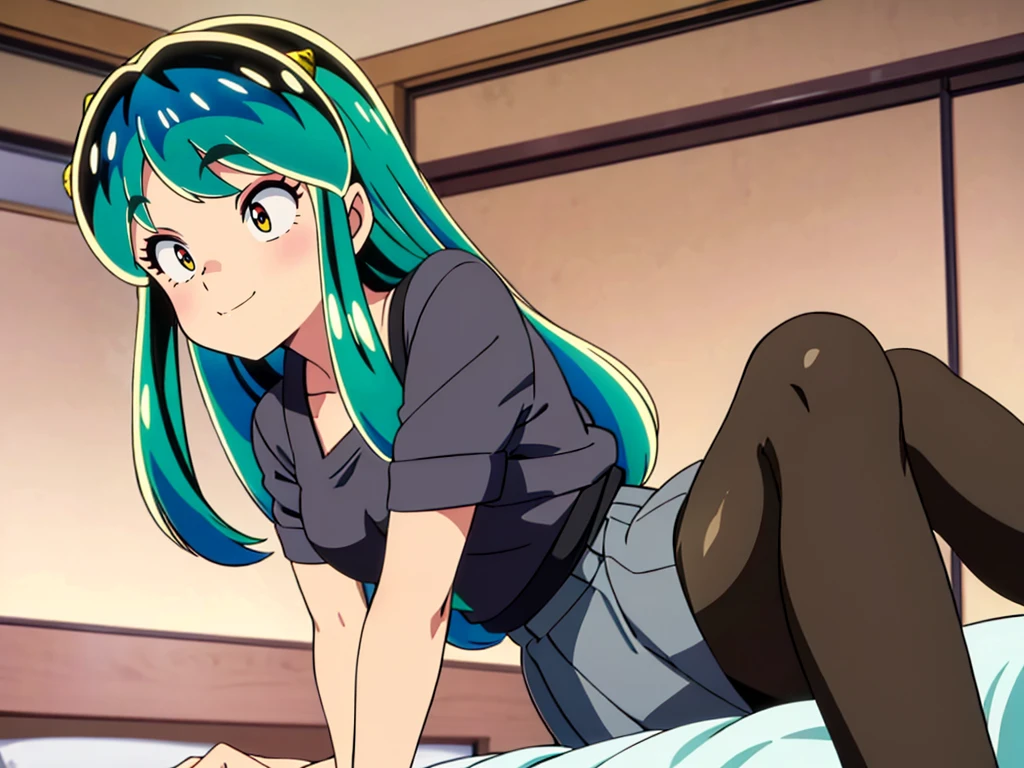 masterpiece, Highest quality, 1 Girl, Lum, tired, Taking a break, Looking into the distance, Grey knit, Black Mini Skirt, Grey tights , anime, From below, blush, Embarrassing, Taking a break, Mature, 18-year-old, Smile, Lying in bed, Focus on the feet, Japan, Hotel, High definition, Green Hair