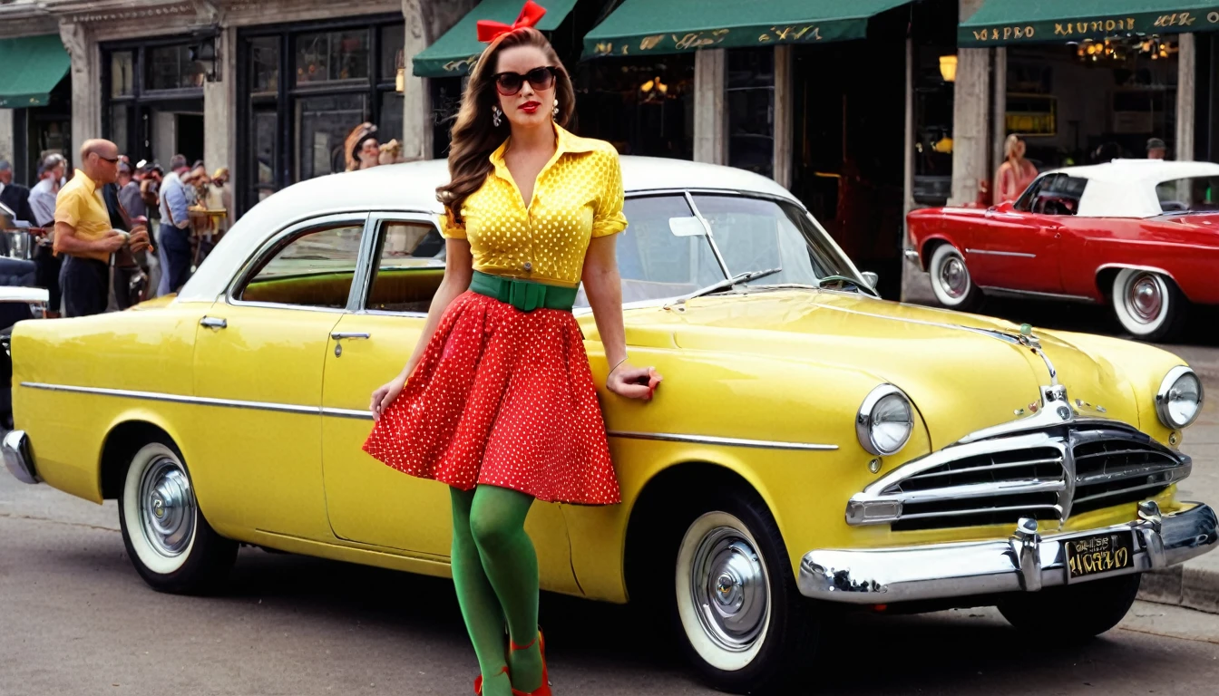 (1girl, long brown hair, green eyes, large breasts), (yellow shirt, red skirt, belt, polka dot skirt, yellow bow, cleavage, earrings, jewelry, black shoes, white socks, sunglasses, eyewear on head), Picture a British racing green colored 1952 Dodge Kingsway Custom parked outside of a Restaurant, its chrome grille catching the sunlight, embodying an era of post-war optimism and automotive innovation, distant shot