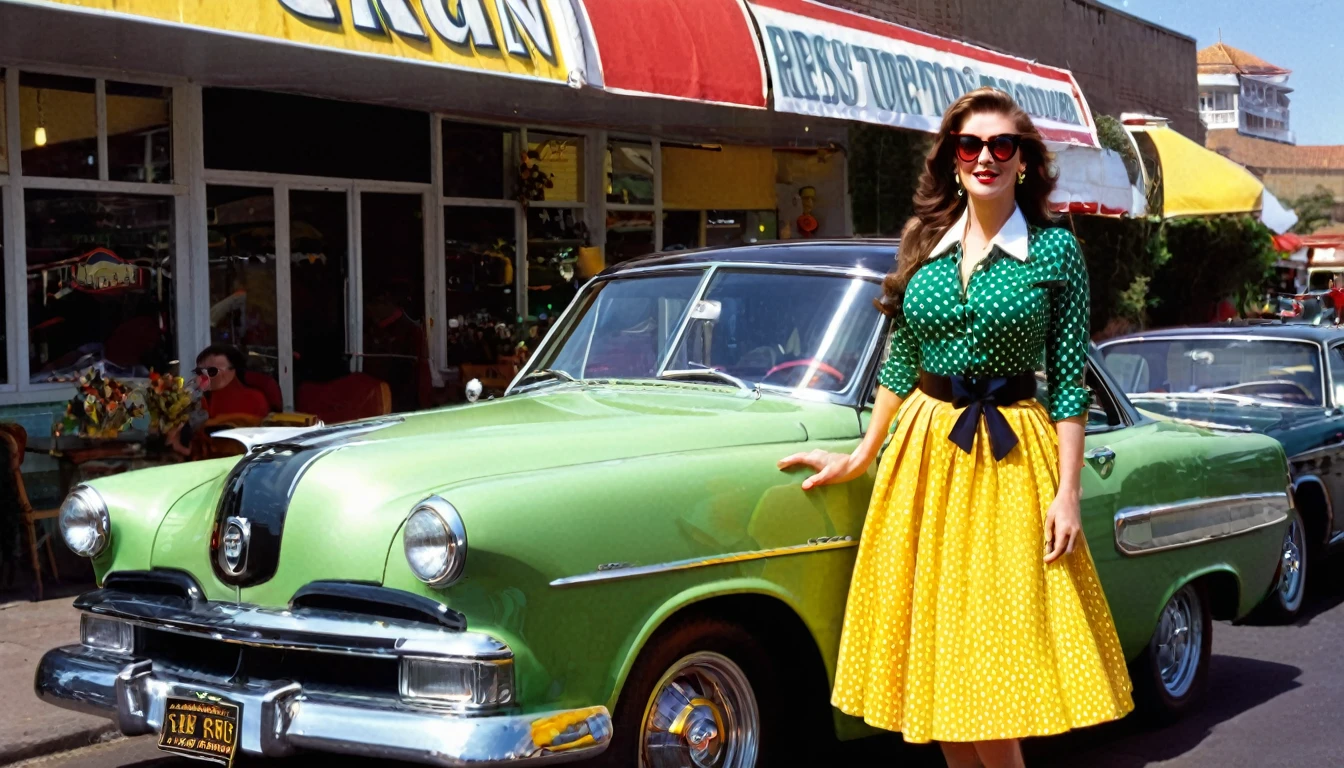 (1girl, long brown hair, green eyes, large breasts), (yellow shirt, red skirt, belt, polka dot skirt, yellow bow, cleavage, earrings, jewelry, black shoes, white socks, sunglasses, eyewear on head), Picture a British racing green colored 1952 Dodge Kingsway Custom parked outside of a Restaurant, its chrome grille catching the sunlight, embodying an era of post-war optimism and automotive innovation, distant shot