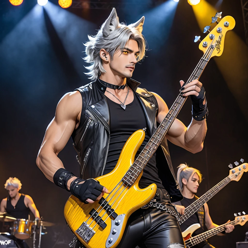 A tall, handsome man. He have Broad-shouldered, athletic build, tousled silver hair, lightly tanned skin tone, and piercing golden yellow eyes, silver Wolf ears atop his head, and silver wolf tails extending from his tailbone. He wear sleeveless leather vest over black, Tight Black T-shirt with ripped sleeves, tight leather pants with chains hanging from the belt loops, cowboy boots, black nails, black choker wristbands, and black fingerless gloves. He hold a bass guitar, playing it on stage.