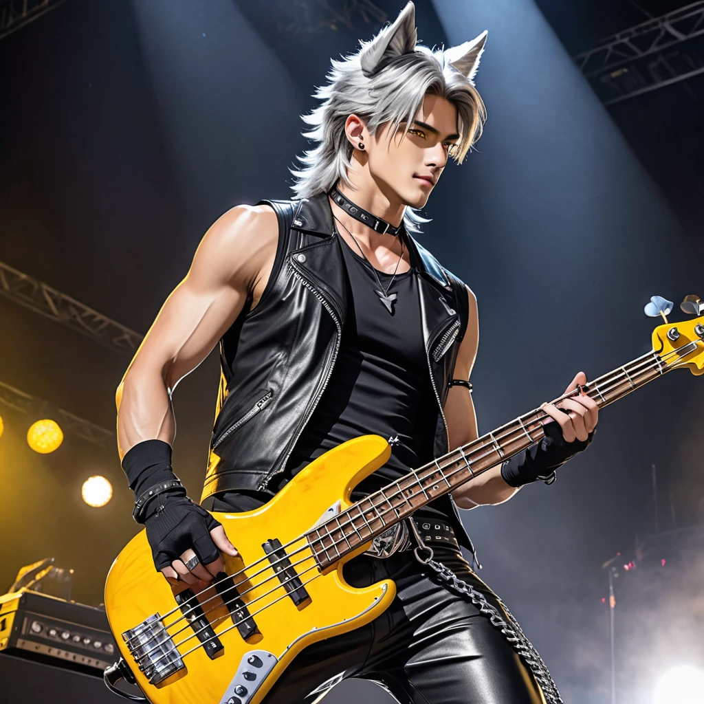 A tall, handsome man. He have Broad-shouldered, athletic build, tousled silver hair, lightly tanned skin tone, and piercing golden yellow eyes, silver Wolf ears atop his head, and silver wolf tails extending from his tailbone. He wear sleeveless leather vest over black, Tight Black T-shirt with ripped sleeves, tight leather pants with chains hanging from the belt loops, cowboy boots, black nails, black choker wristbands, and black fingerless gloves. He hold a bass guitar, playing it on stage.