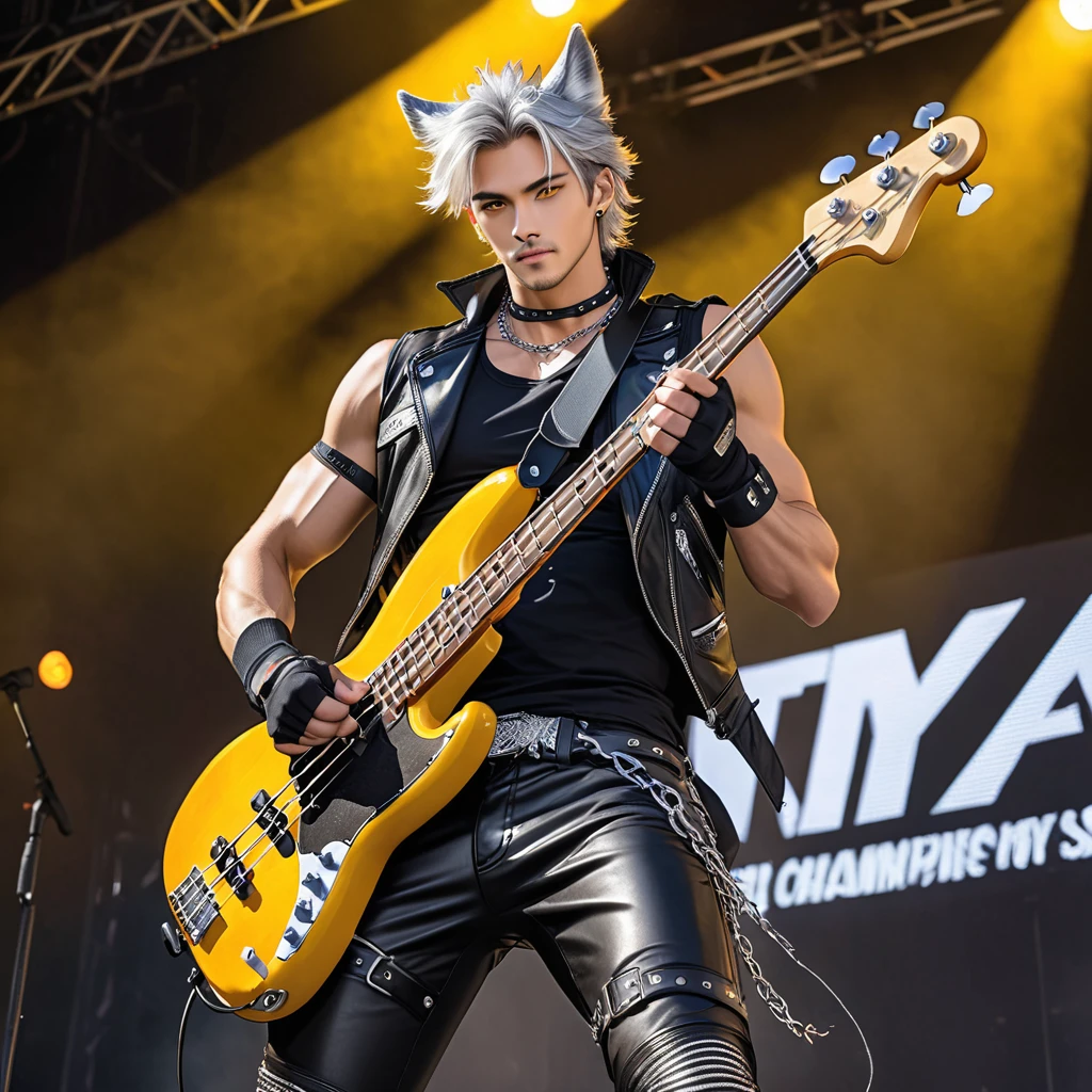 A tall, handsome man. He have Broad-shouldered, athletic build, tousled silver hair, lightly tanned skin tone, and piercing golden yellow eyes, silver Wolf ears atop his head, and silver wolf tails extending from his tailbone. He wear sleeveless leather vest over black, Tight Black T-shirt with ripped sleeves, tight leather pants with chains hanging from the belt loops, cowboy boots, black nails, black choker wristbands, and black fingerless gloves. He hold a bass guitar, playing it on stage.