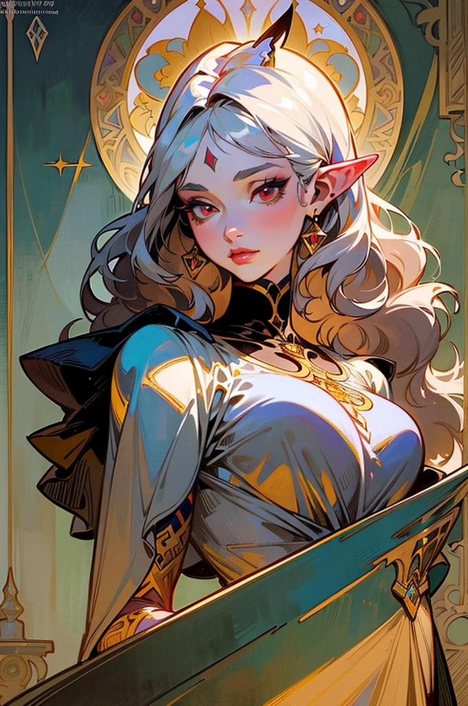 femme de 50 ans, Middle-aged European, ((trentenaire)), solo, medieval tavern, [ghotic] full lips, [[Short hair]], (visage de forme ovale), (Heavenly Nose), wears a cape, peau claire et chaude, red eyes, doe eyes, very silver hair, very light, wavy hair, elfe ears, Long cils, elegant and sexy dark Medieval adventure clothes, Glow, ghotic, elegant, tendance sur artstation, makeup, lipstick, ((In the style of Alphonse Mucha)), inkshadow, (((Masterpiece artwork))), ((best quality)), ((complex detailed)), ((semi-realistic)), (se concentrer uniquement), (visage parfait:1.1), (high detail:1.1), clivage, dark
