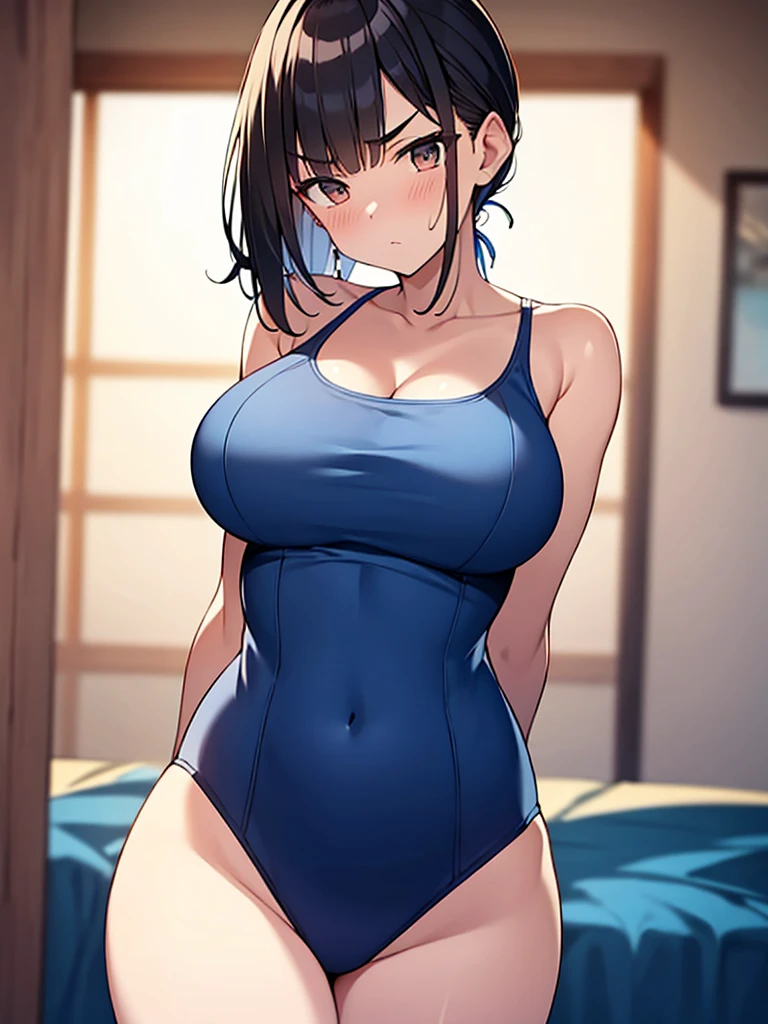 Cowboy Shot: Dark blue swimsuit:1.9 Open chest Lying on bed Lying on back Embarrassed Arms above head Anime drawing with bright colors Standing Tall woman:1.9 Sweat, breasts, surprised face, glaring, wrinkled brows, flushed cheeks, night:1.3 Apartment bedroom, white sheets, short black hair, ponytail:1.9 Straight hair, bangs swept to the side:1.9. Slanted eyes, brown eyes, tall, big breasts, strong-willed, beautiful