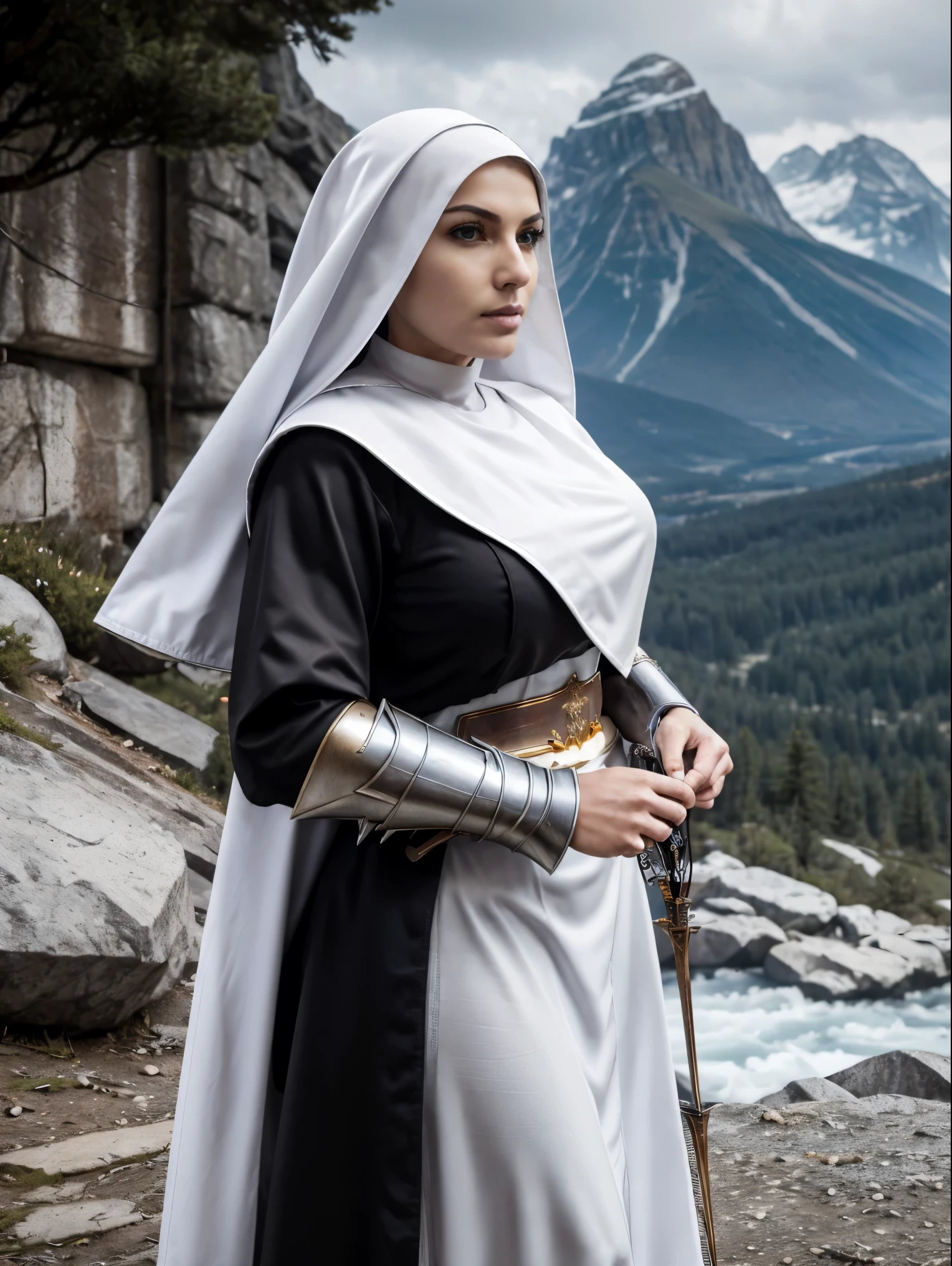 (masterpiece, top quality, best quality, official art, beautiful and aesthetic:1.2), (1girl:1.3), ((Sharp facial features, sharp features, hawkish features)), ((grey eyes)), busty paladin knight girl, extremely detailed, portrait, looking at viewer, solo, (full body:0.6), detailed background, full-body shot, (cold mountain nighttime glacier theme:1.1), holy knight, (nun), charlatan, smirk, mysterious, swaying in mountains, armor, polished metal, gold trim, long boots, white fabric, pelvic curtain, robe, pale leather, ((((nun, crossbow, heavy armor, armored, long legs, robes, prayer scrolls, toned, muscular)))), slim waist, slim hips, long legs, medieval (mountain exterior:1.1) background, dark mysterious lighting, shadows, magical atmosphere, dutch angle