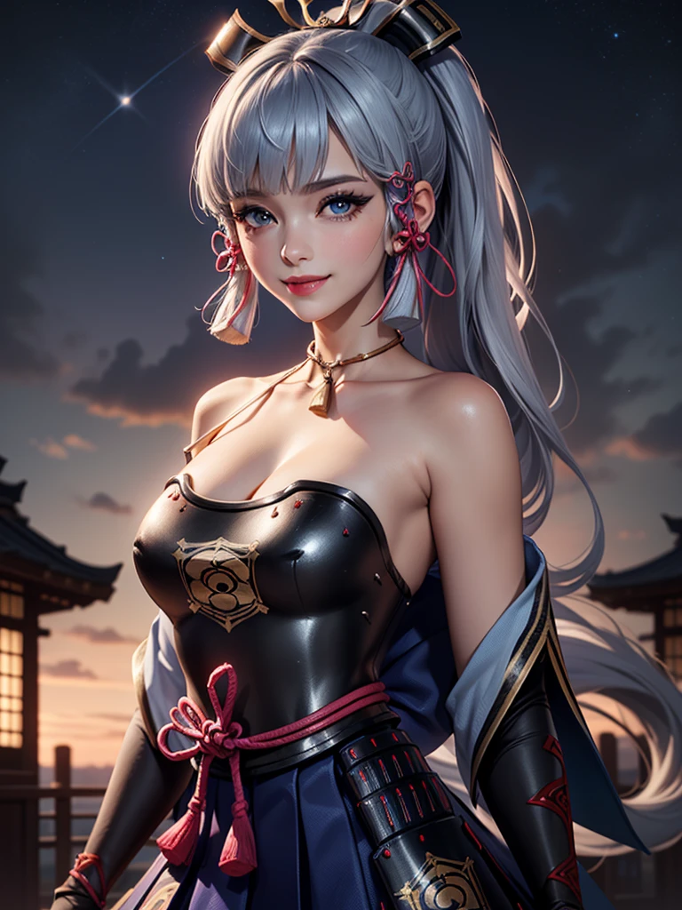((masterpiece)),(bestquality),((ultra-detailed)), ((beautiful detailed sky)), ((cinematic lighting)), depth of field, (dynamic angle),detailed lighting,((beautiful detailed eyes)), (night sky view), red lip, smile,eyeshadow,large breast, cleavage, ((bare arm, short skirt , off shoulders, sexy)), ((kamisatoayakadef))