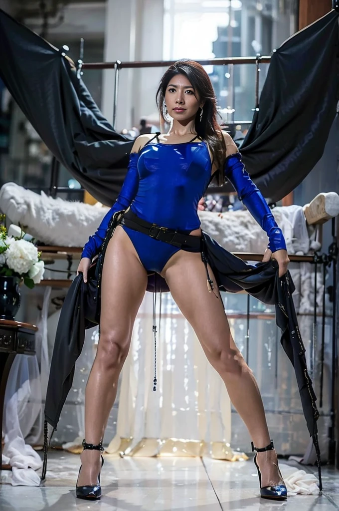 A 30-year-old Asian female gladiator poses for a photo，Tall and sexy，Mature and charming，Lewd exposure ，Sweaty and sweaty，Shiny muscle lines，Large Breasts，Big Ass，Camel toe，Nipple protrusion，Having sparse body hair，NSFW，Release liquid，Wear sexy super high heel boots，The charming and seductive queen holding a big sword