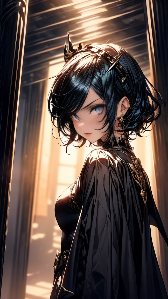 Generate an image of a woman with short black hair with blue highlights, sky-blue eyes with black makeup, and lips painted in soft red. She is wearing a black half-armor on the upper part and a black dress with a side slit at the lower part of her body. Her skin is fair with tattoos on her hip. She wears black heels with scales and a crown of black short spikes. Additionally, she wears a blue cape with black and golden embroidery. She is located in a gallery with tall black columns and a dark background, brightly illuminated, with a somewhat angry expression, full body various poses