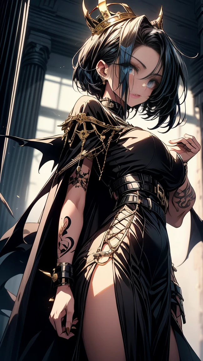 Generate an image of a woman with short black hair with blue highlights, sky-blue eyes with black makeup, and lips painted in soft red. She is wearing a black half-armor on the upper part and a black dress with a side slit at the lower part of her body. Her skin is fair with tattoos on her hip. She wears black heels with scales and a crown of black short spikes. Additionally, she wears a blue cape with black and golden embroidery. She is located in a gallery with tall black columns and a dark background, brightly illuminated, with a somewhat angry expression, full body various poses