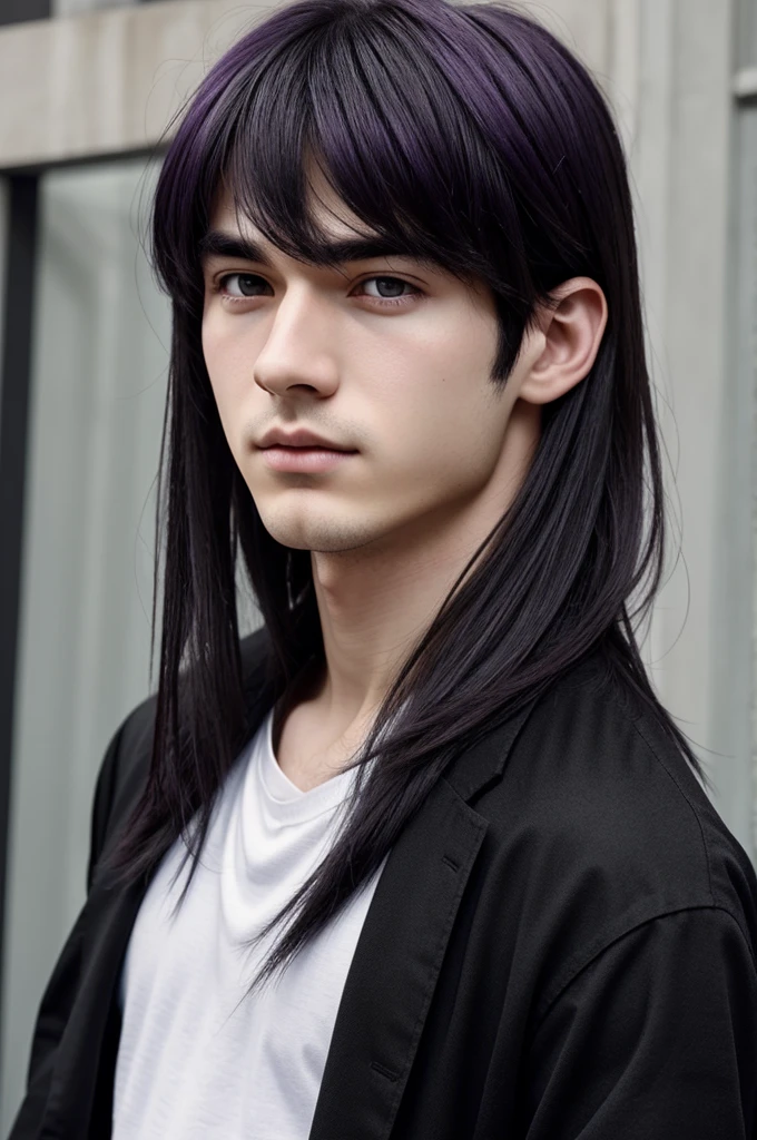 ((best quality)), ((masterpiece)), (detailed), perfect face Pale boy with dull black eyes, long, straight dark violet hair ANIME