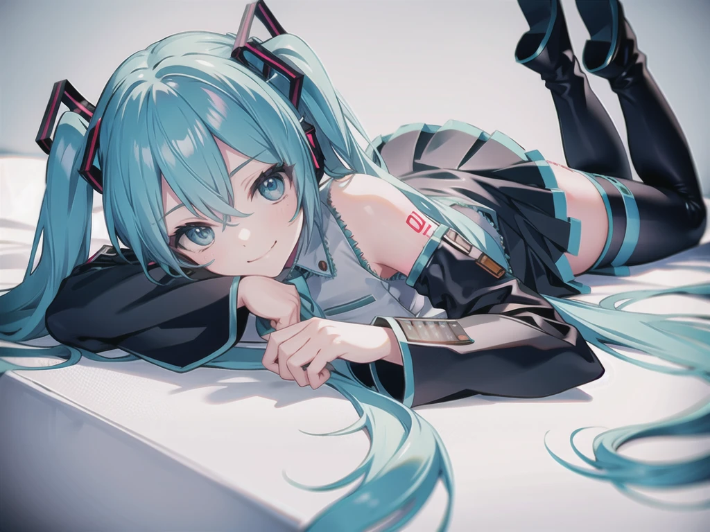 (best quality, masterpiece, high resolution, ultra detailed, illustration, detailed skin, intricate eyes, perfect anatomy, detailed face:1.2), (solo, hatsune miku:1.5), (pretty face, short stature), BREAK (smirk:1.4), (rest one's chin, lying on stomach:1.6), BREAK (solid white blouse with blue edge, solid white sleeveless clothe with blue edge, solid white collar), BREAK (black independent sleeves, black detached sleeves), BREAK (black pleated skirt, skirt hem blue), BREAK (black thighhigh boots:1.3), BREAK (flat chest:1.2), (thick thighs:1.2),
