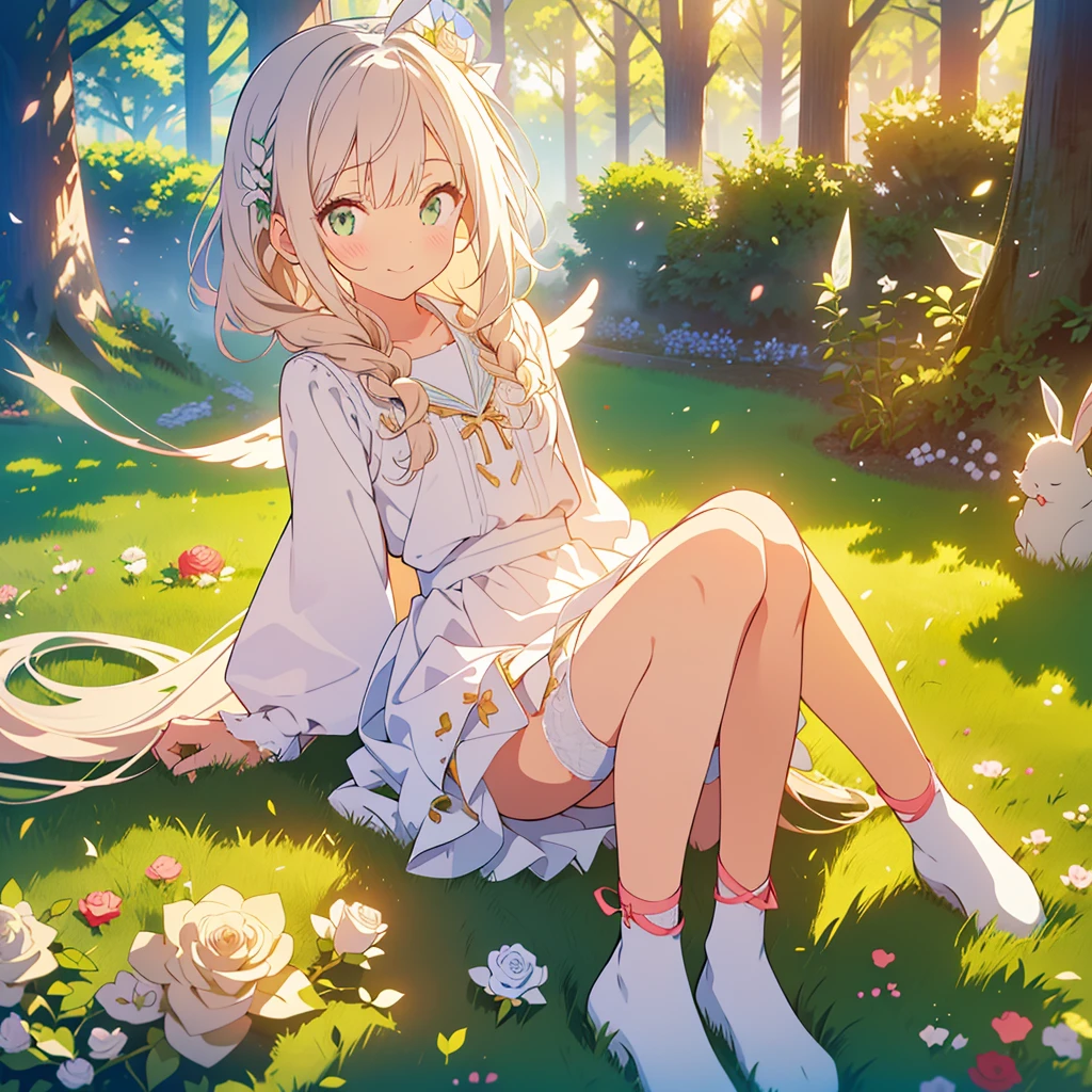 kawaii, anime, Cute, hyper quality, highly detailed, 8k, Front facing, Clarity, brown long hair, green eyes, smile, white rose, Set in Alice's Wonderland, planted white roses, white rose petals are dancing, Draw facial expressions in detail, striped overknee socks, Alice's maid costume with big ribbon, mark with sue, playing cards, clock, fairy tale, fantasy, shine of light, highlight on eyes, wink, My body dances, Gradation of evening and night sky, full moon and crescent moon, whole body, Twisted trees of different sizes, twisted ivy, rabbit, white roses bloom, white rose petals, small angel wings on the back, golden eyed sister, The sky dyed in twilight, rising ground, ribbon headband, undulating rose thorns, 