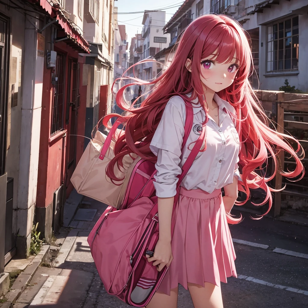 1 garota adolescente, long curly red hair, pink eyes, pink outfit, coming home from school at night