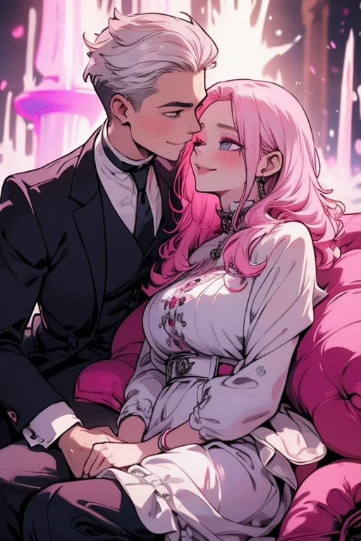 One man. One woman.Perfect faces. Perfect hands. A pink haired woman with violet eyes in a ballgown is on the lap of a young white haired man with ruby eyes in an ornate suit while kissing by a fountain with big smiles