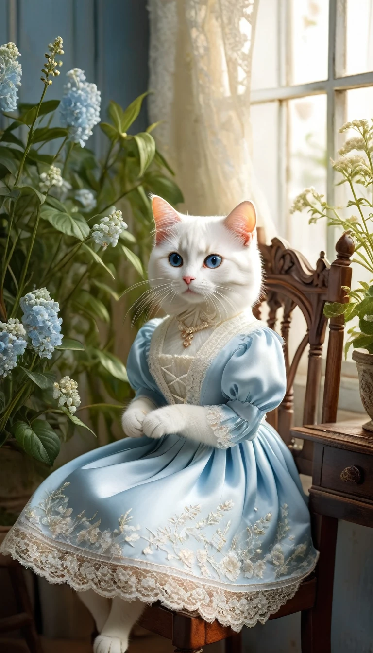 Realistic portrait of a dressed animal - a beautiful white cat, noble,(She is embroidering while sitting on a wooden chair by a window surrounded by beautiful plants.、), high quality,(Lovely) ,Intricate details, Very detailed ((Elegant lace light blue floral one-piece dress) ,Antique photos、Nostalgia、Very detailed decorations,, (Happy), Natural light,Evening Light、Magic Hour(Full body image:1.5)