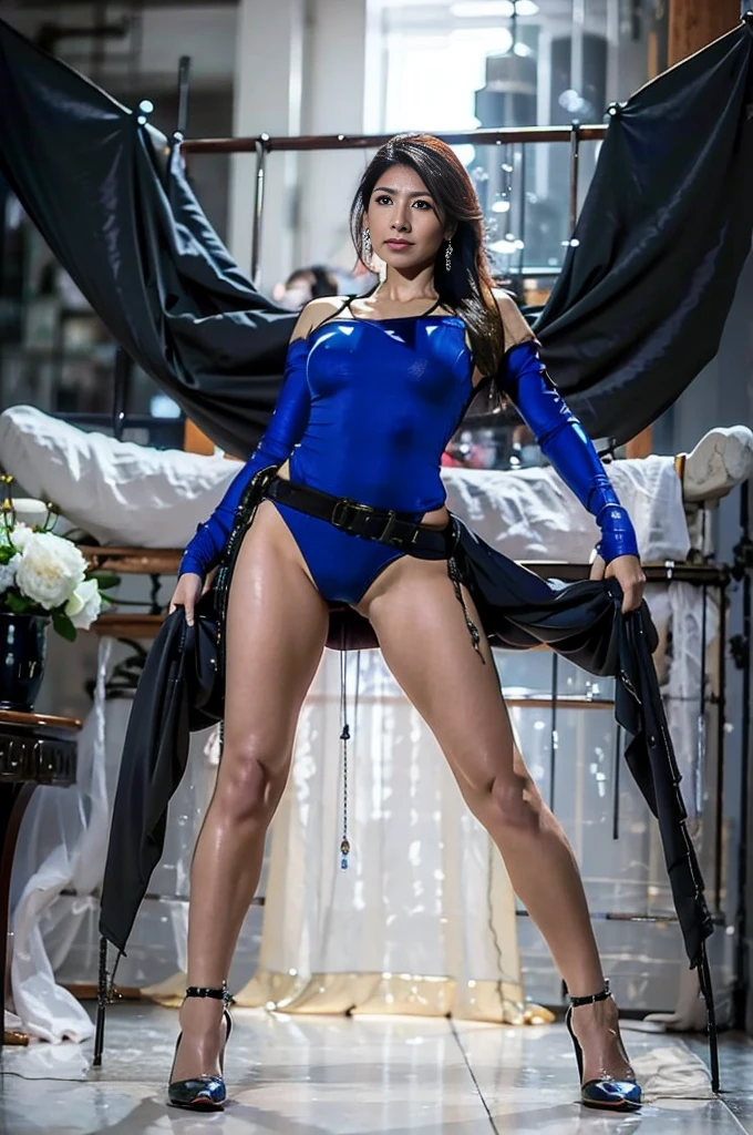 A 30-year-old Asian female gladiator poses for a photo，Tall and sexy，Mature and charming，Lewd exposure ，Sweaty and sweaty，Shiny muscle lines，Large Breasts，Big Ass，Camel toe，Nipple protrusion，Having sparse body hair，NSFW，Release liquid，Wear sexy super high heel boots，The charming and seductive queen holding a big sword