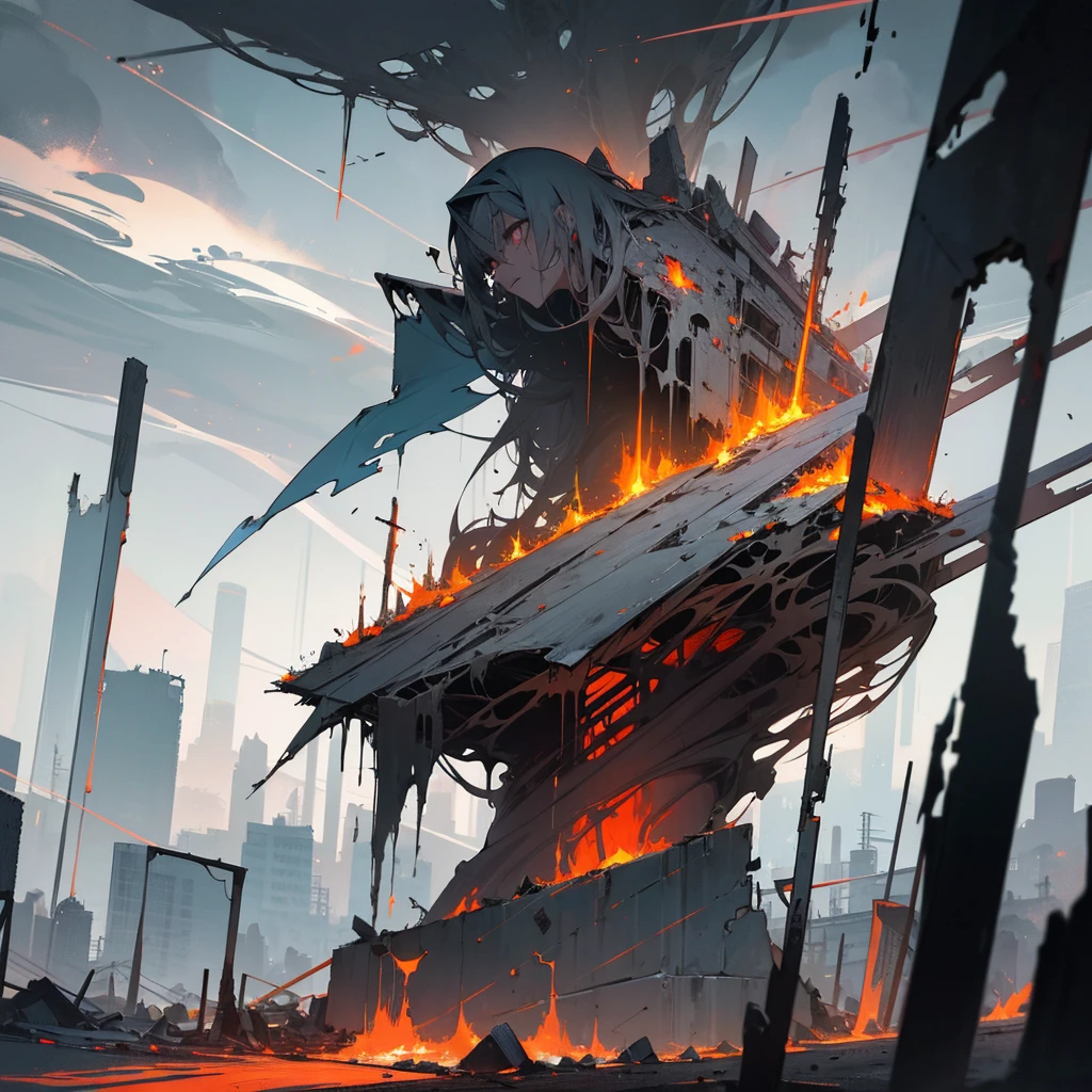 surreal, apocalyptic landscape. Picture a city in ruins with buildings collapsing, streets cracked open, and debris scattered everywhere. The sky above is a turbulent mix of dark, swirling clouds and fiery streaks of light, have a shattered, distorted figure or statue, symbolizing the breakdown of order, humanoid, gray scale scenemy, red details, abstract