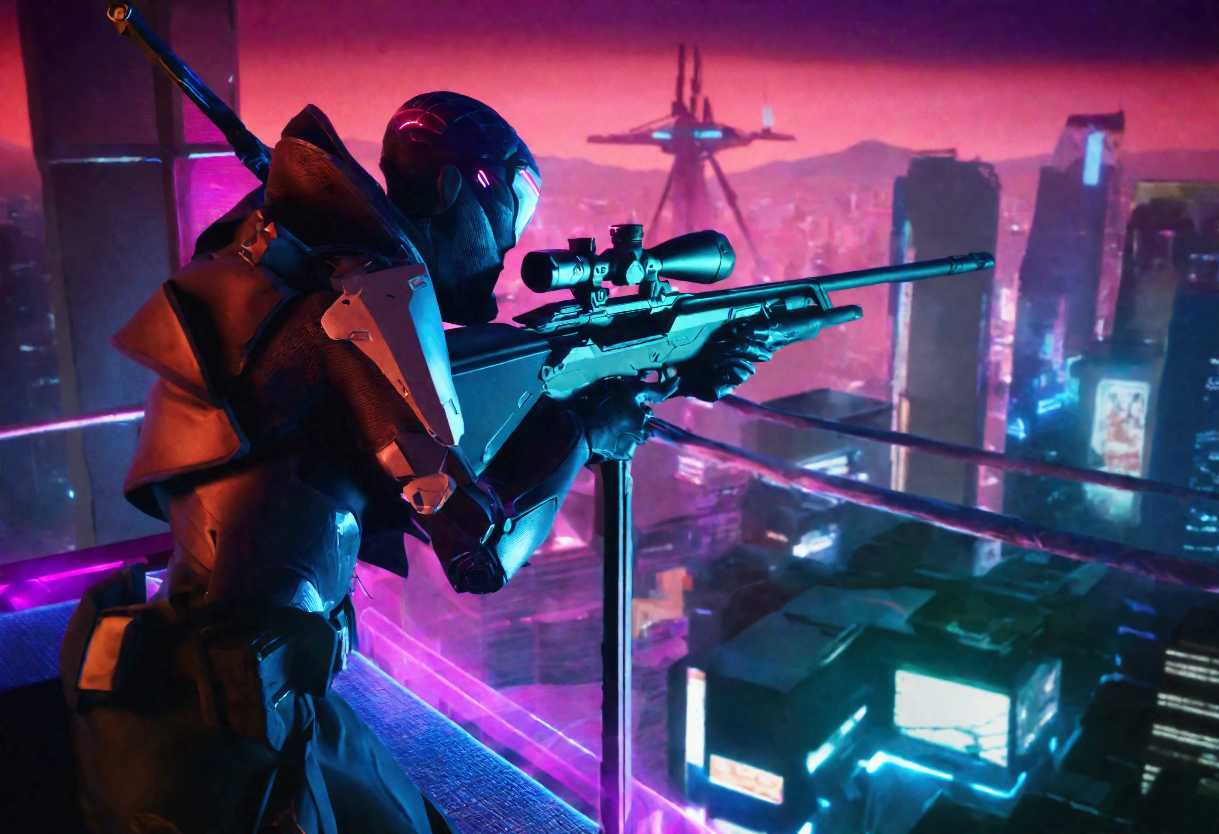 A sniper in high-tech combat suit,highly detailed cyborg soldier,huge laser sniper rifle,aiming at evil alien mecha,damaged office building,roof top,twilight in neo tokyo,cinematic composition,dramatic lighting,cyberpunk,neon city,moody atmosphere,photorealistic,8k,4k,ultra-detailed,cinematic,hyper-realistic,dramatic,masterpiece,best quality
