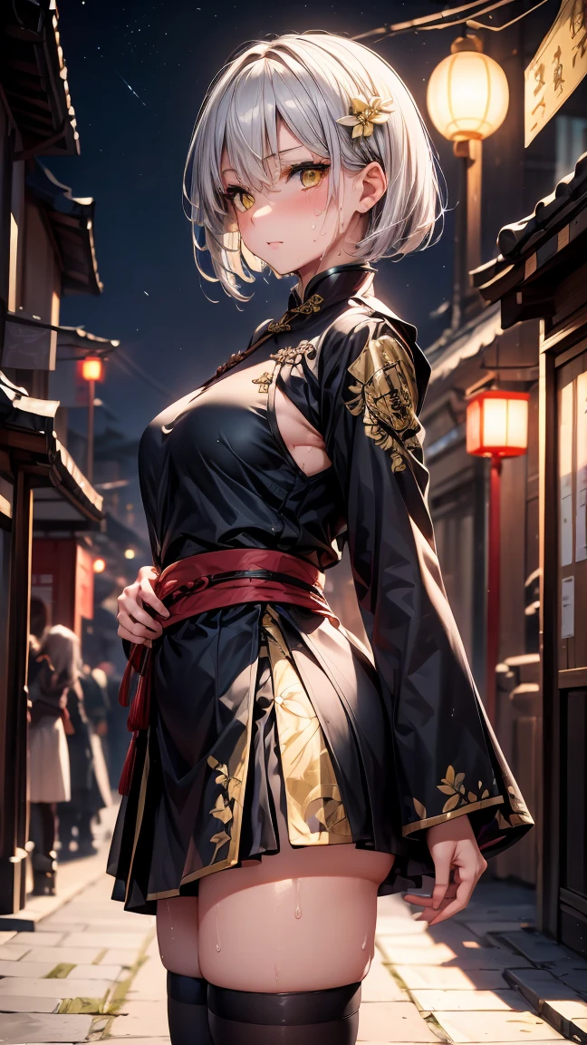 young girl ************, short silver bob hair, hair flower, sharp bangs between the eyes, yellow  eyes, eyes large, ((traditional chinese imperial clothes black with gold details,)) red skirt, black thigh high socks. slenderbody. view from side, side point of view, on the street of a Japanese city, at night, with full moon in the background, light reflecting on the sexy and sweaty body. (((sweat)))