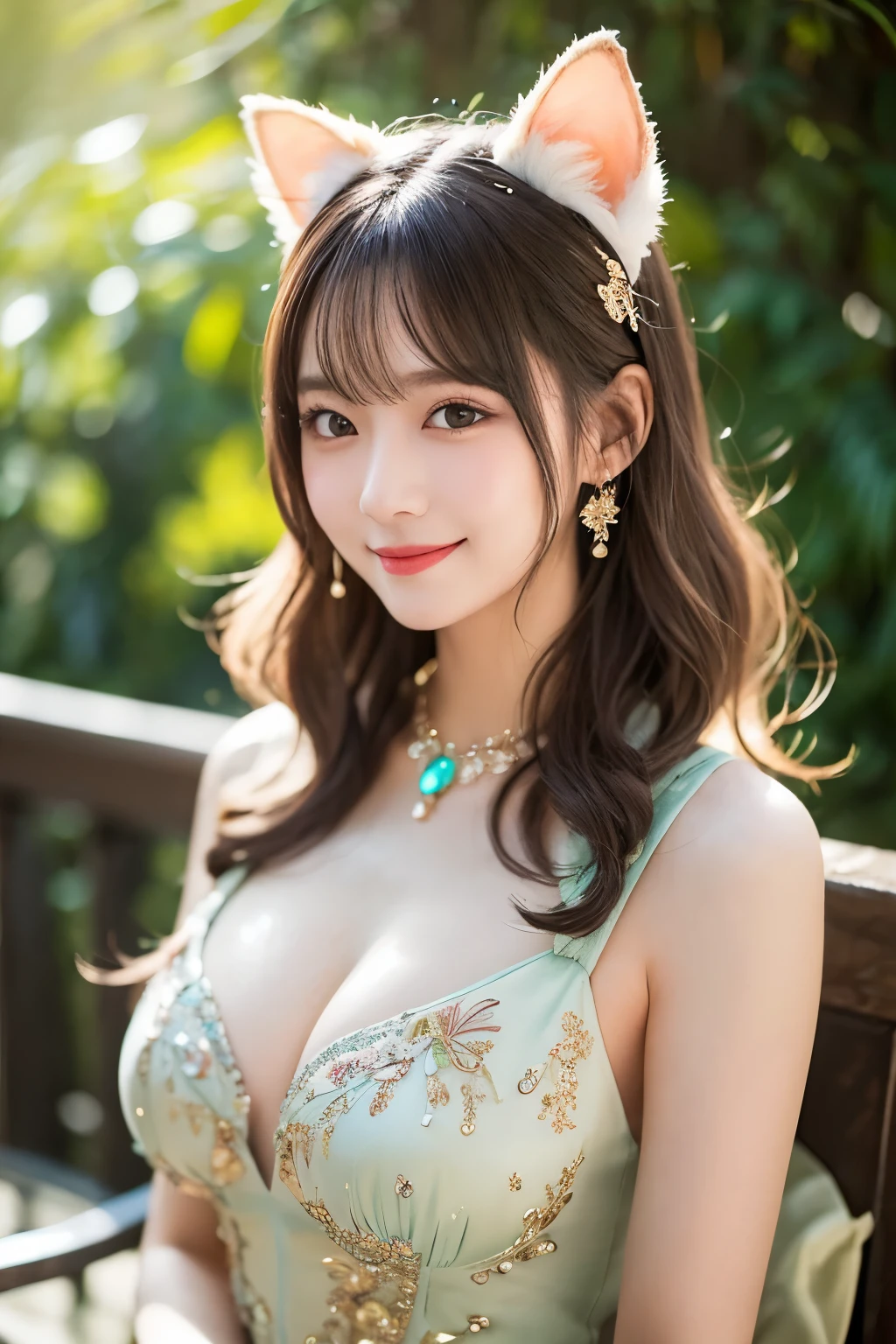 Young woman with long, wavy, pastel colored hair、Sitting gracefully in an elaborate fantasy-themed gown。Gowns、green、There is a mix of red colors、Adorned with glittering embellishments and a large bow on the bust。She has big fluffy cat ears on her head、Matching soft and fluffy tail。Her eyes are large and expressive、A calm and attractive look。The scene is softly lit with a magical, dreamy atmosphere.、It highlights her smooth skin and the intricate details of her outfit。She accessorized with delicate jewelry, including a butterfly hair clip.、It adds to the whimsical nature of her look.。The background is soft and blurry、Enhances the ethereal feel of the image。
Large Breasts、Sexy pose、Large Breasts、smile
