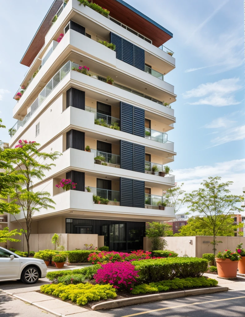 exterior of highrise apartment building, original, contemporary style, plants and flowers on balconies, vivid colour, beautiful landscape, realistic, RAW photo, 8k uhd, dslr, soft lighting, high quality, film grain, Fujifilm XT3,masterpiece,