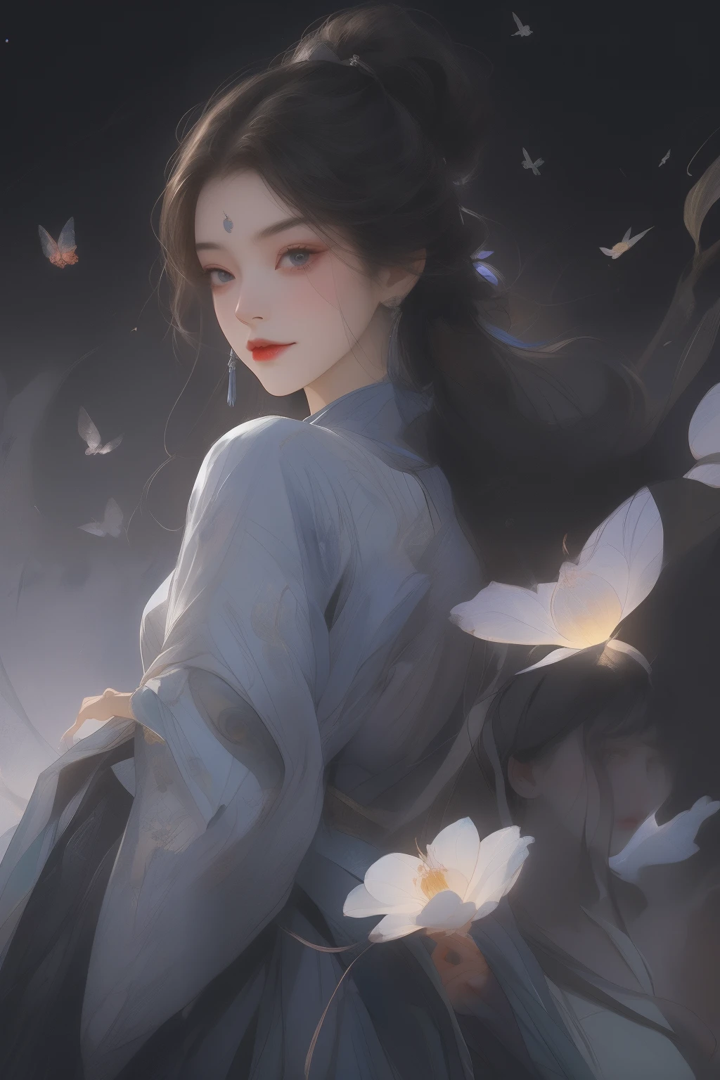 Masterpiece of an Asian Realistic Chinese Girl: This exquisite piece depicts a Chinese princess, nestled in the heart of ancient China, under the vast expanse of a starry night. The moonscape reflects in her dark brown eyes, as her long, silky black hair flows freely, casting a lustrous sheen in the soft nightlight. She wears a xianxia charm around her neck, a symbol of her powerful lineage, and her xianxia dress, a dark blue hanfu, shimmers with intricate silver accessories. The dress is cinched at her waist, accentuating her stylized, thin, yet curvy body, with thin and small breasts that add to