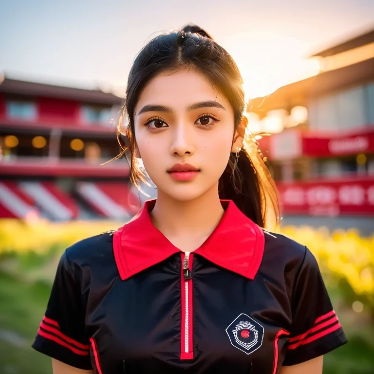 A young woman, Aarav, wears a plaid shirt and stands in front of the house., Portrait in the middle of a shot, Portrait 8 k, instagram post, Southeast Asians with round faces, long hair, ponytail, Photos in Portrait mode, Medium-term portrait, Shot with Sony Alpha, soft Portrait 8 k, Portrait photography, home photography, Shot with Canon EOS R5, Shot with Canon EOS R5, Headshot profile picture