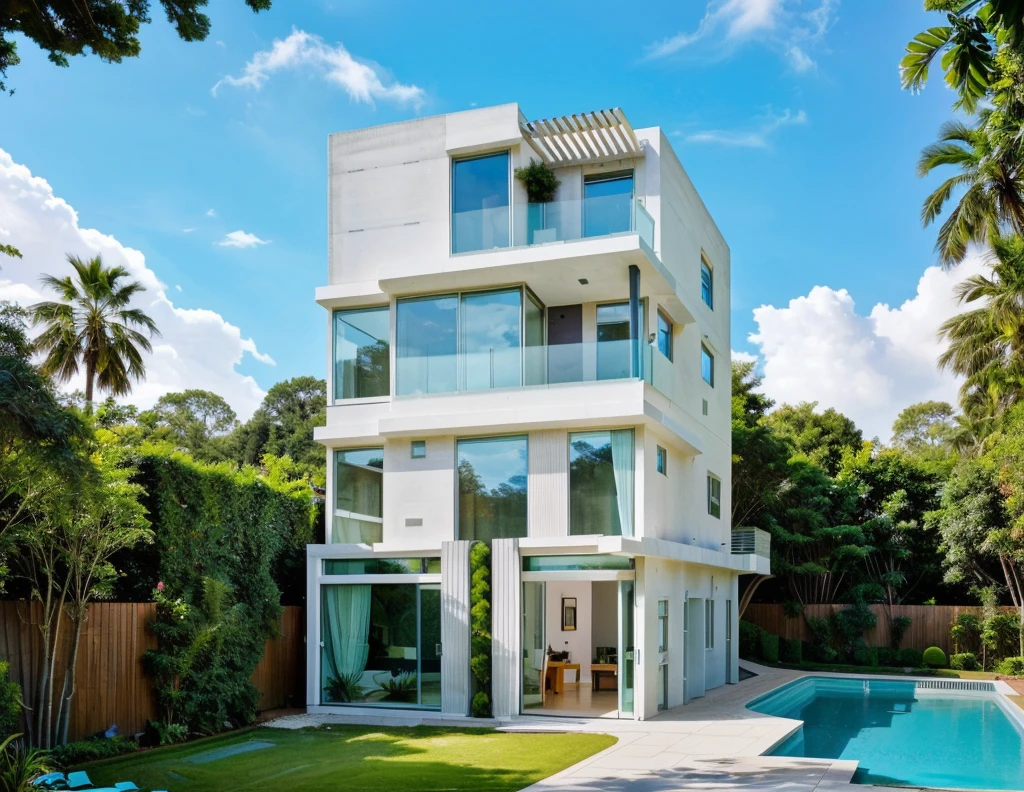 MODERN HOUSE, A wide-angle shot shows the front view of a contemporary two-story villa with glass windows, surrounded by lush greenery. It features an outdoor pool area with natural light. Stone pathways lead to the swimming pool in the yard, adorned with vibrant plants, Taken on a Canon EOS R5, white wall, concrete, ((big front yard)), 