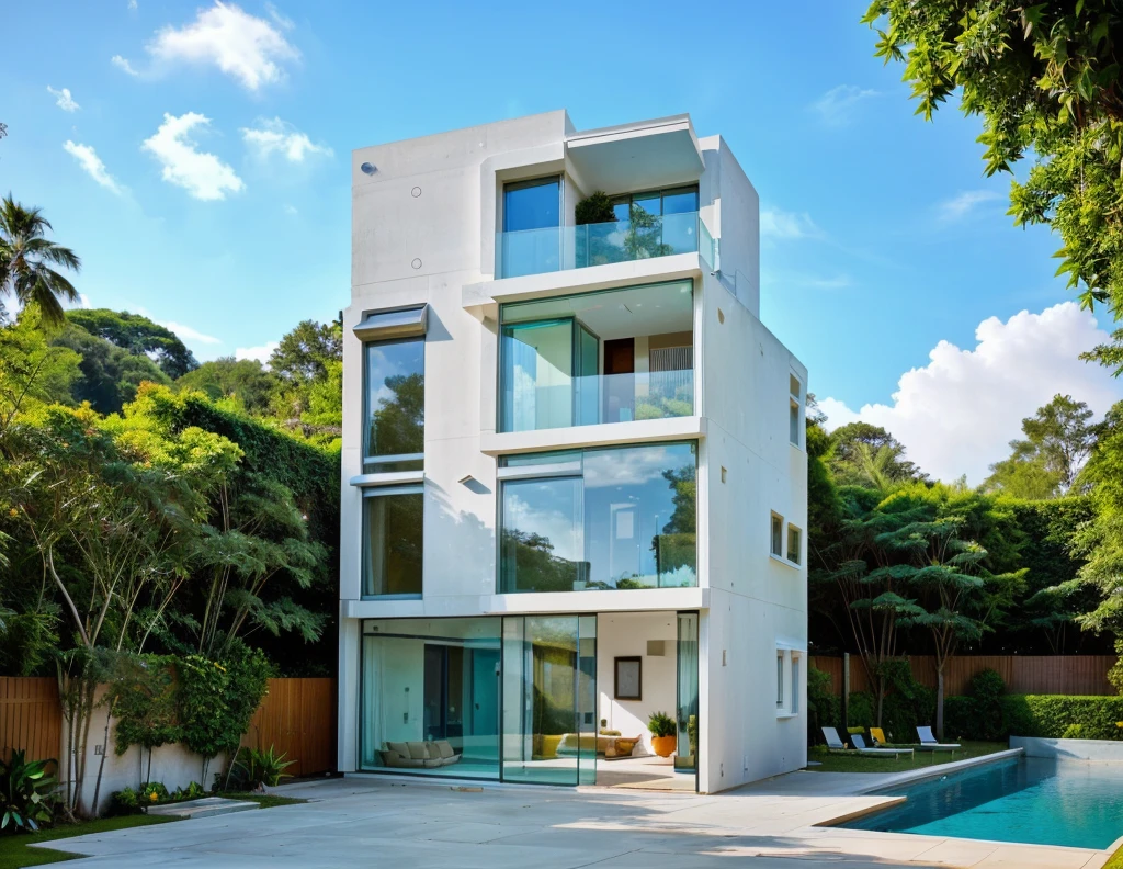 MODERN HOUSE, A wide-angle shot shows the front view of a contemporary two-story villa with glass windows, surrounded by lush greenery. It features an outdoor pool area with natural light. Stone pathways lead to the swimming pool in the yard, adorned with vibrant plants, Taken on a Canon EOS R5, white wall, concrete, ((big front yard)),