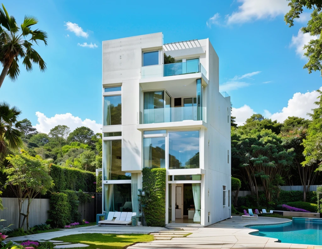 MODERN HOUSE, A wide-angle shot shows the front view of a contemporary two-story villa with glass windows, surrounded by lush greenery. It features an outdoor pool area with natural light. Stone pathways lead to the swimming pool in the yard, adorned with vibrant plants, Taken on a Canon EOS R5, white wall, concrete, ((big front yard)),