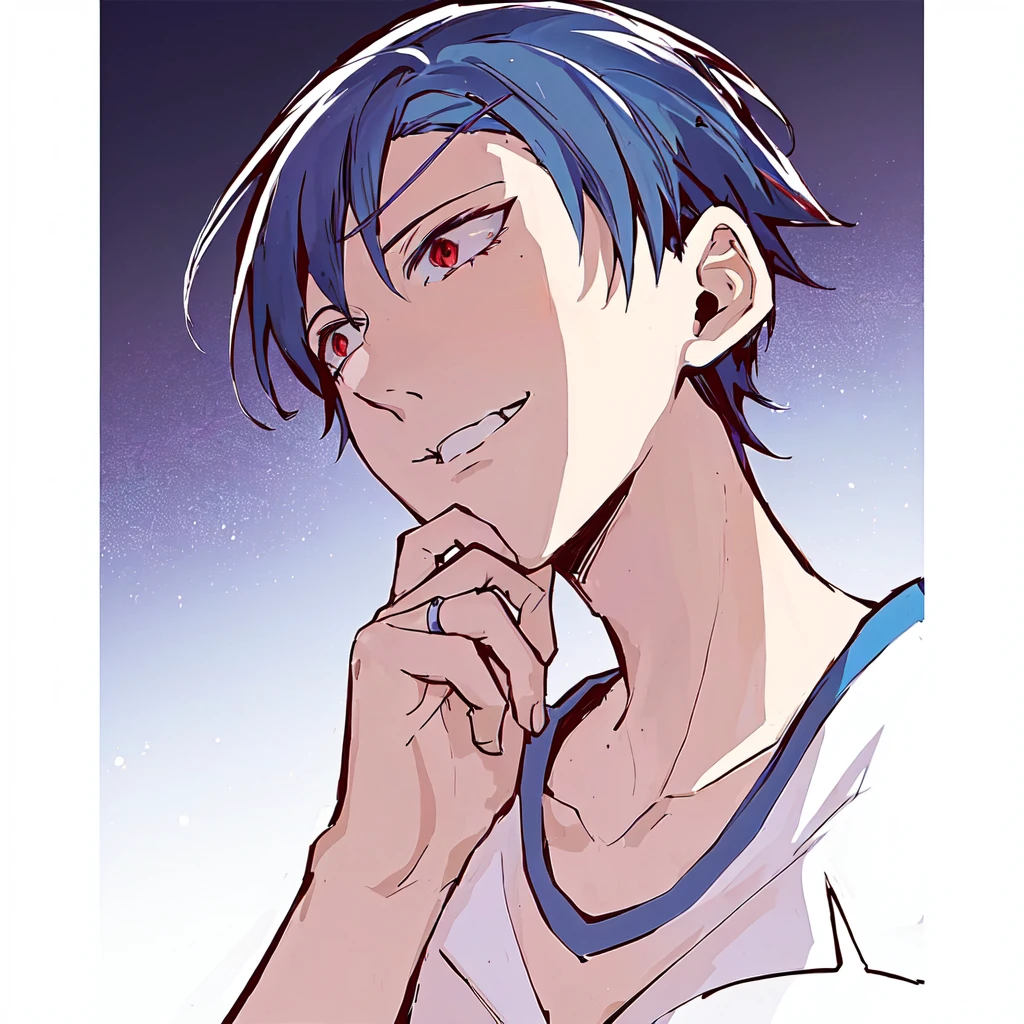 anime boy with blue hair and red eyes staring at something, 2 d anime style, gapmoe yandere, kentaro miura manga art style, [[[[grinning evily]]]], kentaro miura art style, kentaro miura manga style, makoto kano, tall anime guy with blue eyes, from yowamushi pedal, garoto cara de mal, garoto malvado