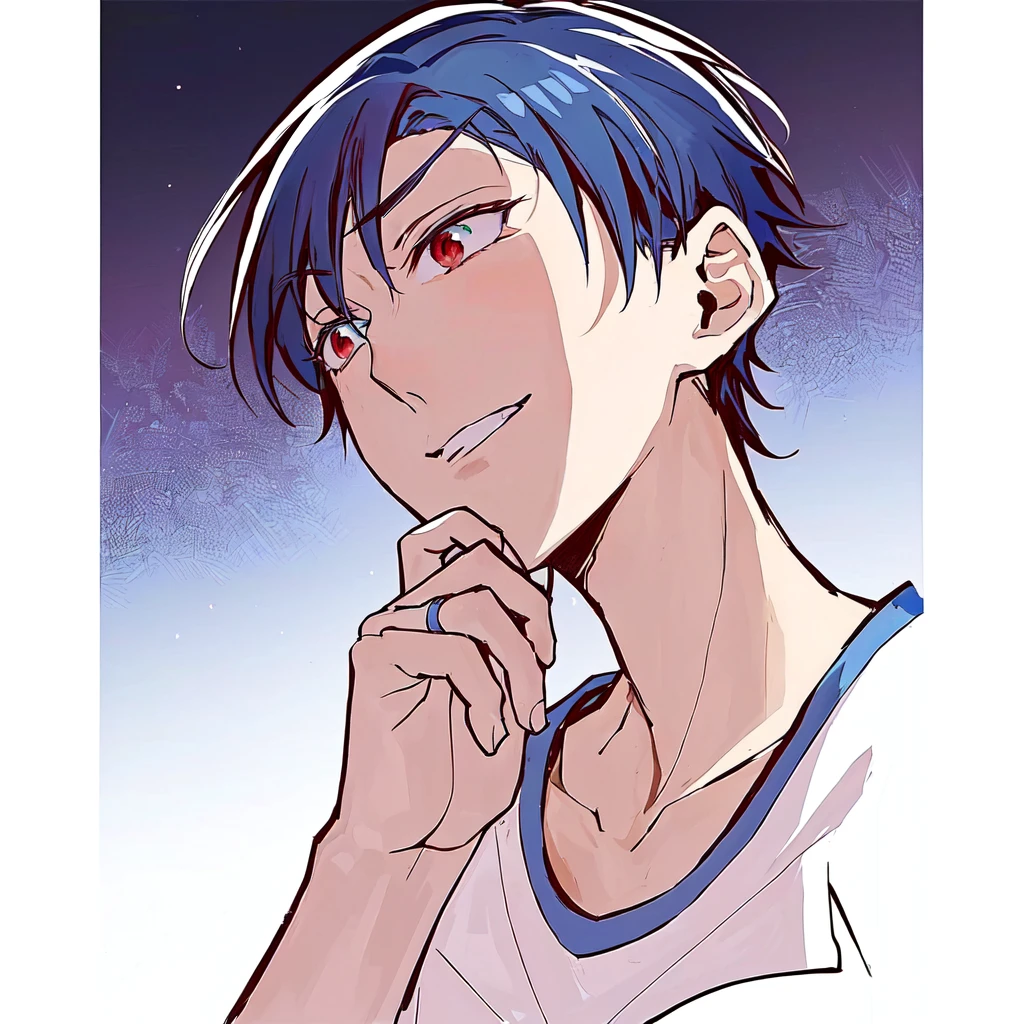 anime boy with blue hair and red eyes staring at something, 2 d anime style, gapmoe yandere, kentaro miura manga art style, [[[[grinning evily]]]], kentaro miura art style, kentaro miura manga style, makoto kano, tall anime guy with blue eyes, from yowamushi pedal, garoto cara de mal, garoto malvado
