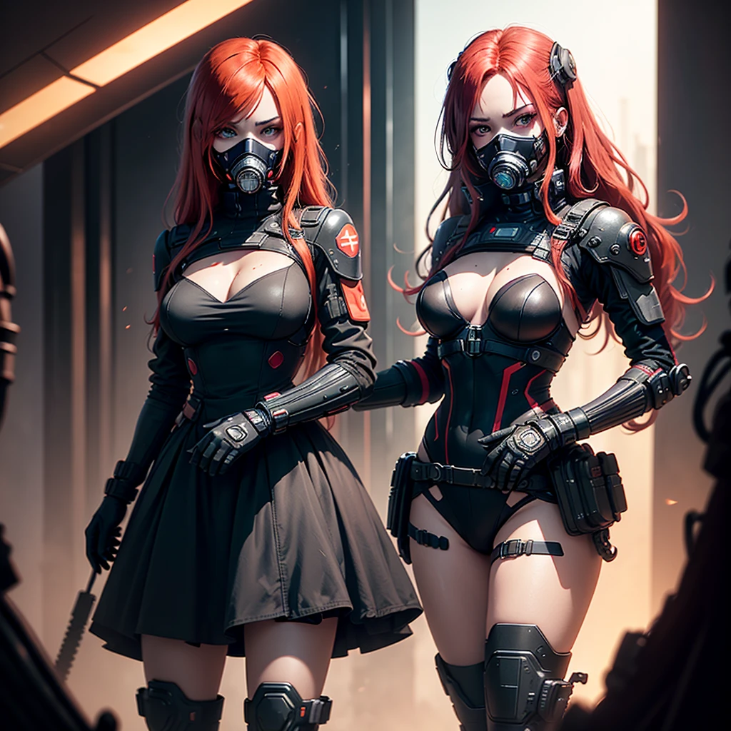 "Fantastic cyberpunk post-apocalyptic style. Beautiful cyborg girl with long red hair, v half-face respirator masks, high tech gas mask, dressed in a black android suit with a cleavage and small red details, stands vertically in front of the camera. The camera films her from below. She stands over the camera in a dominant pose face sitting domination. She looks into the lens with a playful, with a slightly flirtatious look and a slight smile. Her thighs are exposed. Dark background with red flashes and lights, creating an atmosphere of slight sadness. The image horizon is flat. Primary colors - black and red." sci fi