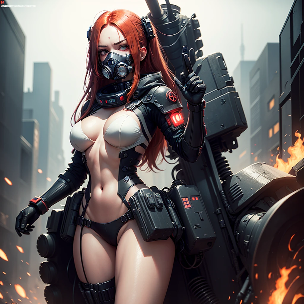 "Fantastic cyberpunk post-apocalyptic style. Beautiful cyborg girl with long red hair, v half-face respirator masks, high tech gas mask, dressed in a black android suit with a cleavage and small red details, stands vertically in front of the camera. The camera films her from below. She stands over the camera in a dominant pose face sitting domination. She looks into the lens with a playful, with a slightly flirtatious look and a slight smile. Her thighs are exposed. Dark background with red flashes and lights, creating an atmosphere of slight sadness. The image horizon is flat. Primary colors - black and red." sci fi