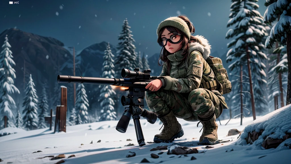 beautiful sniper woman in camouflage uniform, snow covered environment, highly detailed modern sniper rifle, snowy landscape, detailed face and eyes, long hair, military outfit, crouching pose, scope, night vision goggles, (best quality,8k,highres,masterpiece:1.2),ultra-detailed,(realistic,photorealistic:1.37),cinematic lighting,dramatic shadows,cool color palette,moody atmosphere