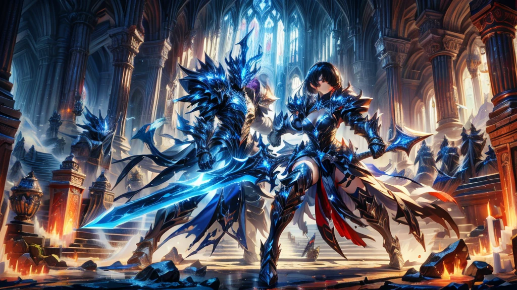 masterpiece, best quality, high quality, detailed, ultra detailed, hyper detailed, insanely detailed, exquisite, beautiful, FHD, Full-HD, 4K, 8K, 16K, highres, absurdres,Overall reddish black, ((One sexy lady)),mystic knight, serious look, sword fighting, covering one eye, black hair, red eyes, armor, long boots, with a sword, fantasy,hailoknight, holding sword, holding weapon,cowboy shot