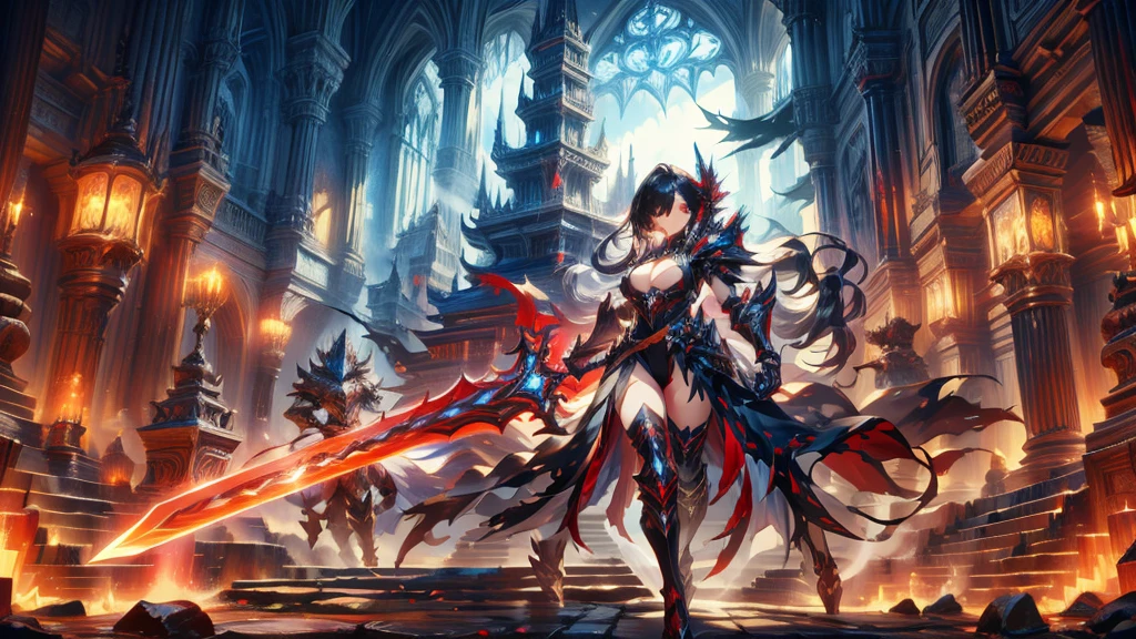 masterpiece, best quality, high quality, detailed, ultra detailed, hyper detailed, insanely detailed, exquisite, beautiful, FHD, Full-HD, 4K, 8K, 16K, highres, absurdres,Overall reddish black, ((One sexy lady)),mystic knight, serious look, sword fighting, covering one eye, black hair, red eyes, armor, long boots, with a sword, fantasy,hailoknight, holding sword, holding weapon,cowboy shot