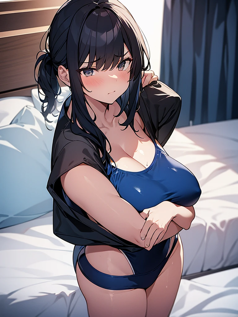 Dark blue competitive swimsuit:1.9 Open chest Lying on bed Lying on back Embarrassed Arms above head Anime drawing with bright colors Standing Tall woman:1.9 Sweat, breasts, surprised face, glaring, wrinkled brows, flushed cheeks, night:1.3 Apartment bedroom, white sheets, short black hair, ponytail:1.9 Straight hair, bangs swept to the side:1.9. Slanted eyes, brown eyes, tall, big breasts, strong-willed, beautiful